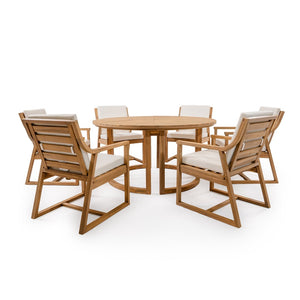English Elm Trexm Outdoor Acacia Wood Round Dining Set Seats Six with Cushioned Chairs and Umbrella Hole Light Teak TM000027AAD