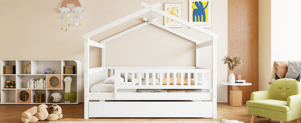English Elm Full Size Pine House Bed with Roofline Frame and Roll Out Twin Trundle for Kids LP100306AAK
