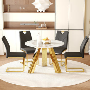 English Elm Table 5-Piece Dining Set: 42-Inch White Imitation Marble Round Top With 4 Chic Black Chairs & Gold Legs W2920S00051-GIGA