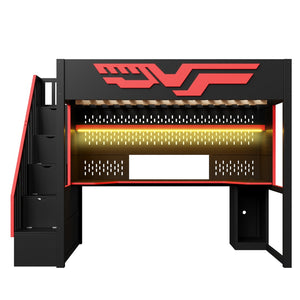 English Elm Gaming Full Loft Bed with Workstation Storage Staircase Led Lights and Usb Port N7090004031B