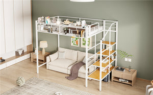 English Elm Twin Metal Loft Bed with Upper Grid Storage Shelf and 4-Layer Ladder Shelves for Space Saving White SF100081AAK