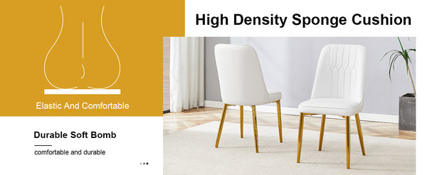 English Elm 2 Modern Dining Chairs White Gold PU Cushion Ergonomic Curved Back Metal Legs Adjustable Pads W1151P250114