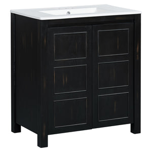 English Elm 30" Rustic Bathroom Vanity Espresso with Ceramic Sink, Soft-Close Doors, Adjustable Shelves, Open-Back Plumbing-Friendly Storage N729P290712P