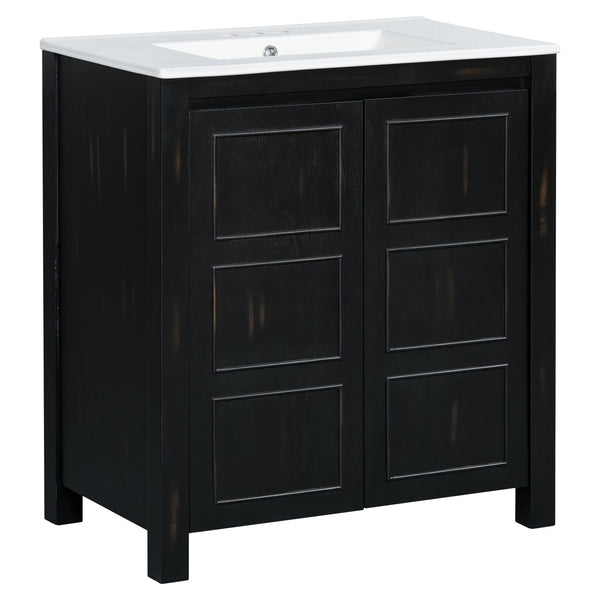 English Elm 30" Rustic Bathroom Vanity Espresso with Ceramic Sink, Soft-Close Doors, Adjustable Shelves, Open-Back Plumbing-Friendly Storage N729P290712P
