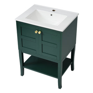 English Elm 24'' Retro Green Bathroom Vanity with Glossy Resin Basin, Solid Wood Feet, Soft-Close Doors, Ample Storage, Metal Handles (Modern) WF324870AAF
