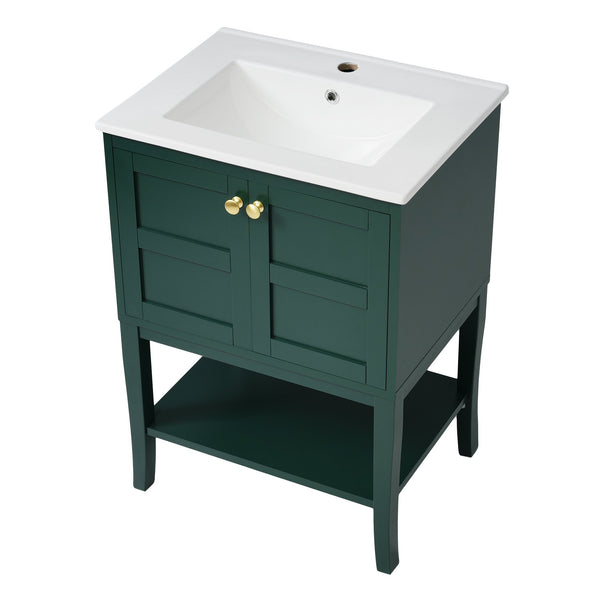 English Elm 24'' Retro Green Bathroom Vanity with Glossy Resin Basin, Solid Wood Feet, Soft-Close Doors, Ample Storage, Metal Handles (Modern) WF324870AAF