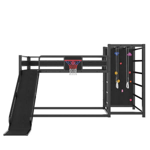 English Elm Twin Metal Loft Bed with Slide Basketball Hoop Climbing Wall and Built-in Shelves Black W1580S00342
