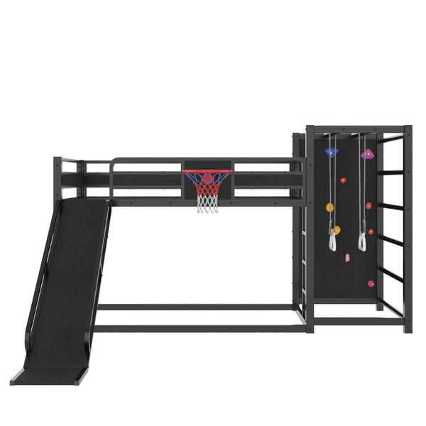 English Elm Twin Metal Loft Bed with Slide Basketball Hoop Climbing Wall and Built-in Shelves Black W1580S00342