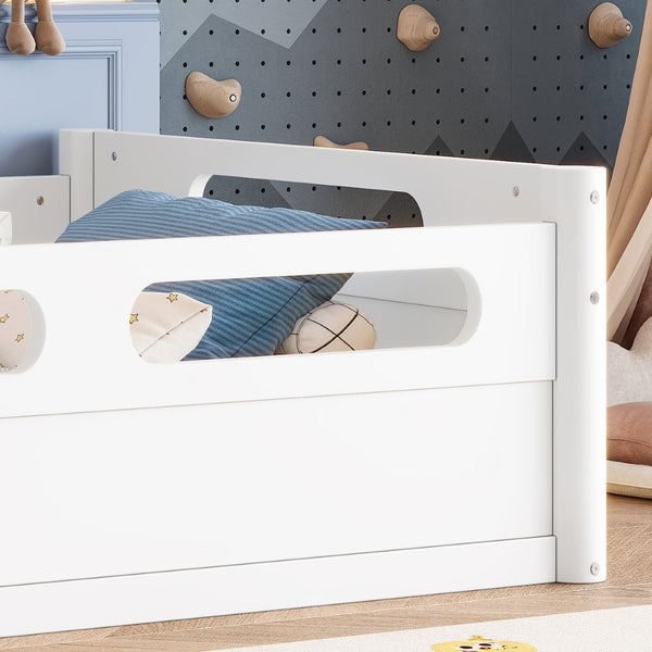 English Elm Twin Low Profile Floor Bed with Guardrails Pine Wood Frame Minimalist Bedroom White W1580P438763