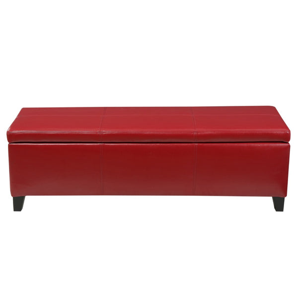 English Elm Upholstered Pu Leather Storage Ottoman with Solid Wood Legs Hinged Lid Bench Seat Red N757P414088R