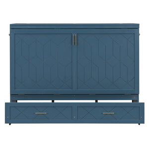 English Elm Queen Murphy Wall Bed Cabinet with Storage Drawer Built-in Power Outlets Usb Ports Navy Blue LP000400AAC-1