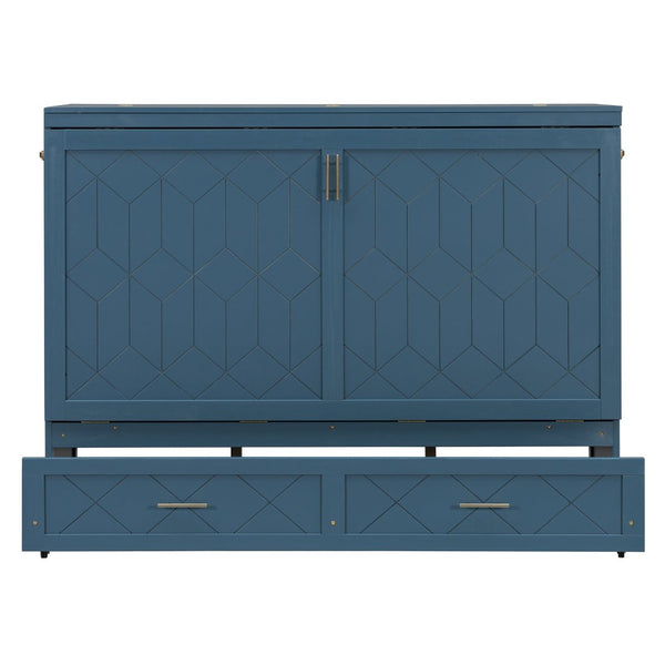 English Elm Queen Murphy Wall Bed Cabinet with Storage Drawer Built-in Power Outlets Usb Ports Navy Blue LP000400AAC-1