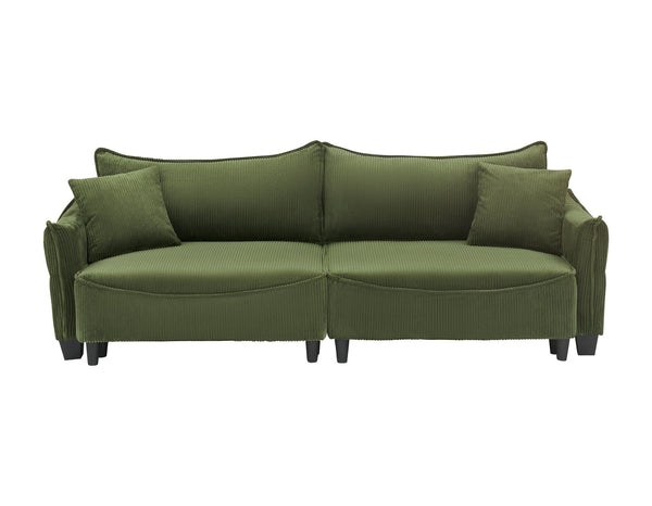 English Elm Sofa Green Corduroy 3-Seater Convertible Sofa Bed with Two Throw Pillows, Solid Wood Frame, 500lb Capacity W1278S00038