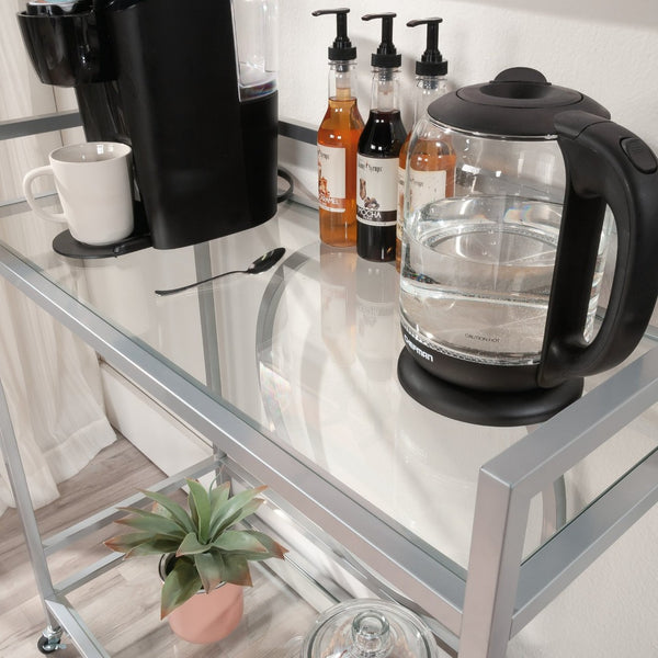 English Elm Contemporary Rolling Bar Cart with Tempered Glass Shelves and Gray Metal Frame B356P367947