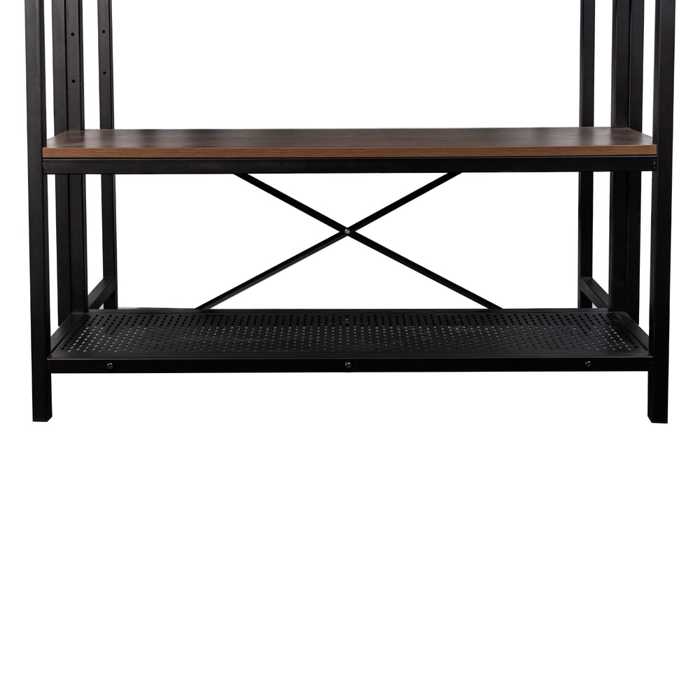 English Elm kitchen Island Table 3-Tier Bakers Rack with Microwave Shelf, Wood Grain Top, Metal Frame, Hooks & Stools Storage W331S00183