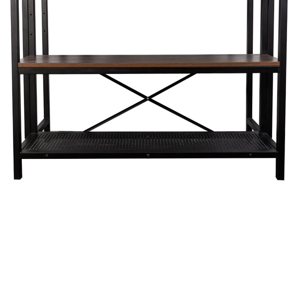 English Elm kitchen Island Table 3-Tier Bakers Rack with Microwave Shelf, Wood Grain Top, Metal Frame, Hooks & Stools Storage W331S00183