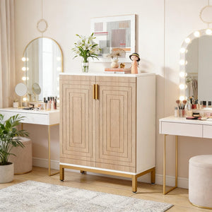 English Elm Durable White Mdf Shoe Cabinet with Gold Legs Geometric Doors Entryway Storage T3971P447602