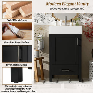 English Elm 20.28'' 20.28" Modern Bathroom Vanity with Ceramic Sink, Solid Wood Frame, Soft-Close Drawer & Cabinet - Space-Saving Design Black N729P277755B