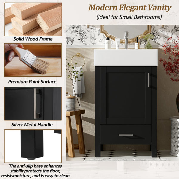 English Elm 20.28'' 20.28" Modern Bathroom Vanity with Ceramic Sink, Solid Wood Frame, Soft-Close Drawer & Cabinet - Space-Saving Design Black N729P277755B