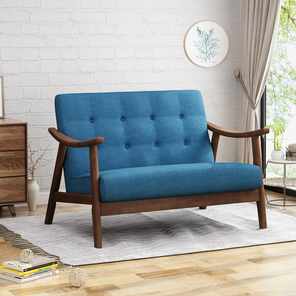 English Elm Christopher Knight Home® - LYDIA Mid-Century Modern 2-Seater Sofa with Button Tufting and Bentwood Arms, Retro Chic Upholstery Navy Blue 63832.00NBLU