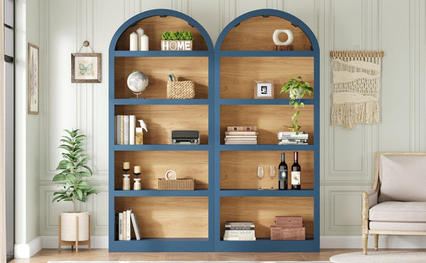 English Elm On-trend Farmhouse Two-tone Bookcase Set Arched Fabric Crown Open 5-tier Shelving Blue N721P411205C