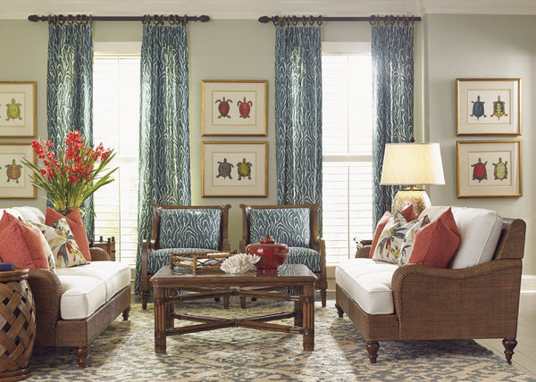 Lexington Tommy Bahama Home Capri Square Cocktail Table - Elegant Tropical Design With Glass Top And Decorative Rattan Details Caribbean Sunset  593-947