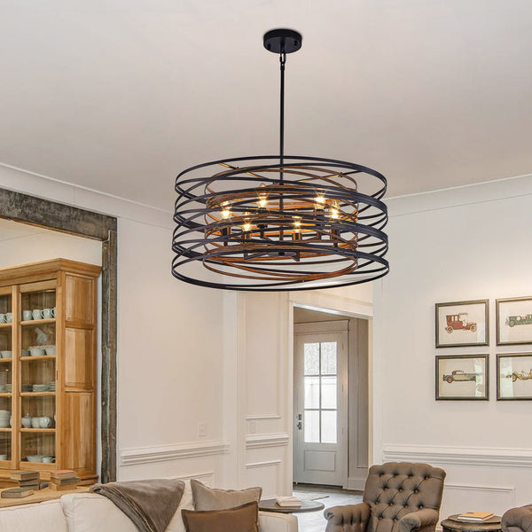 English Elm 24" Rustic Industrial Pendant Light, 6-Light Black & Walnut Metal Cage Chandelier with Wood Accents for Kitchen Island Dining Room W2312P368685