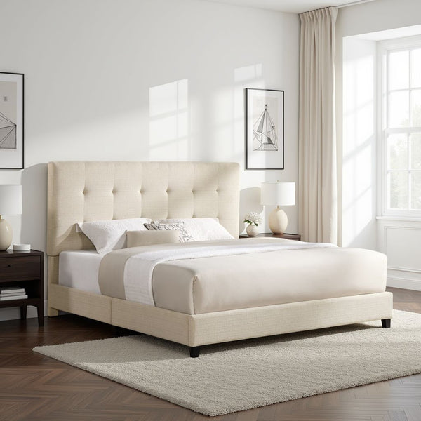 English Elm Bridgevine Bridger King Tufted Beige Upholstered Platform Bed – Modern Panel Design, Durable 100% Polyester, Easy Assembly (Box Spring Required) B108P391229