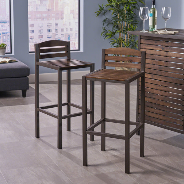 English Elm Christopher Knight Home® - Milos Acacia Wood Barstool Set of 2 — Modern Industrial Outdoor Seats, Powder-Coated Iron Frames Durable 57485.00DBRN