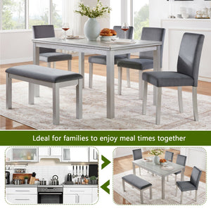 English Elm 6 Piece Wooden Dining Set With Upholstered Chairs And Bench – Elegant Silver Grey Table For 6 W1998S00067
