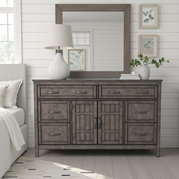 English Elm Storehouse Six Drawer Two Door Dresser with Iron Rivets in Smoked Grey Finish B108P481223