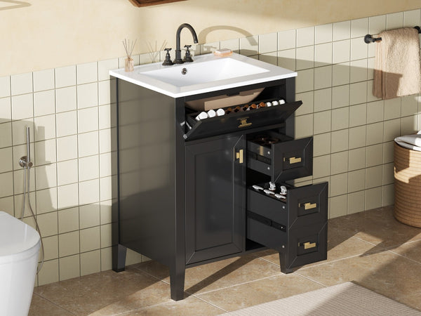 English Elm "24'' 24 Inch Glossy Freestanding Bathroom Vanity with Gold Hardware and Soft Close Storage Black Rubberwood N725P448529B