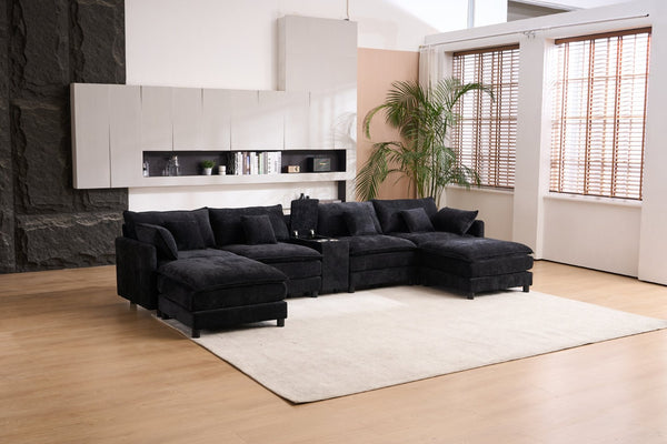 English Elm 145-inch U-shaped Sectional Sofa Seven Piece Woolen Set with Console and Memory Foam Black W2564S00051