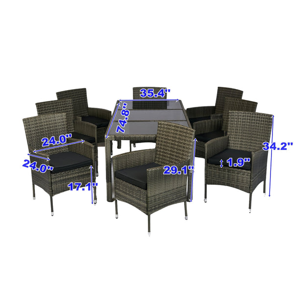 English Elm 9 Piece Outdoor Wicker Dining Set - Grey PE Rattan, Tempered Glass Table, Black Cushions, Rust‑Free Frame W329S00052