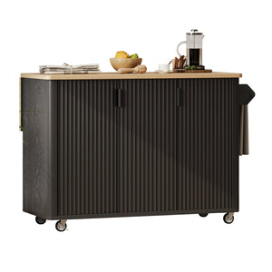 English Elm K&K 51" Fluted Kitchen Island with Waveform Panels, Drop Leaf, Rolling Cart with Towel Rack and Storage Black N707P221446B