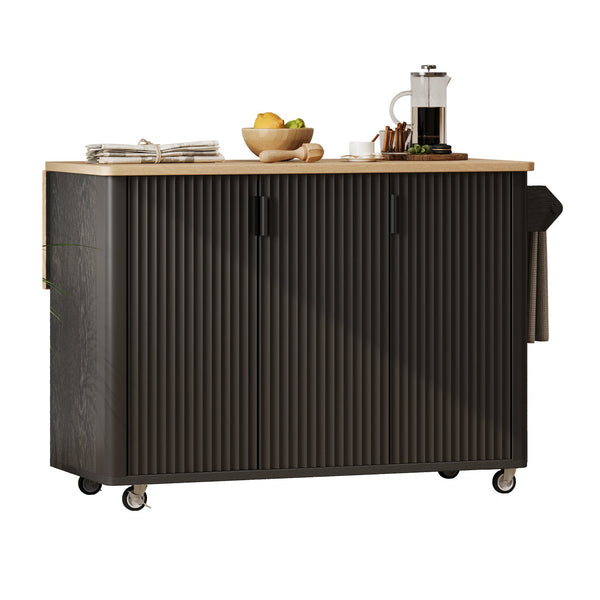 English Elm K&K 51" Fluted Kitchen Island with Waveform Panels, Drop Leaf, Rolling Cart with Towel Rack and Storage Black N707P221446B