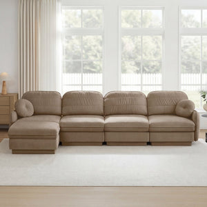 English Elm 137" Oversized Chenille Sectional Sofa with Movable Ottoman and Quilted Cushions Light Coffee W714S01763