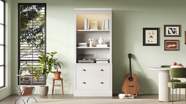 English Elm 83.4"Tall Modern Bookshelf With Led Lighting, 2 Drawers & 3 Adjustable Shelves For Stylish Storage Solutions N751S280594K