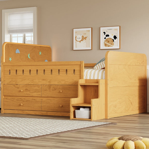 English Elm Wooden Full Bed Frame with Led Headboard Four Storage Drawers and Ladder Shelf Wood N7090004028D