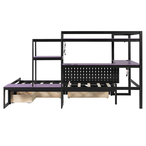 English Elm Twin Gaming Daybed with Led Strips Desk Pegboard Bookcase and Three Storage Drawers Purple+Black N820S00083I