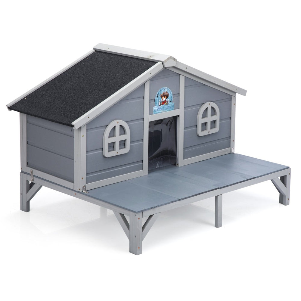 English Elm All Weather Pine Cat Enclosure with Play Pen Fringe Curtains and Lockable Doors W2181P363008