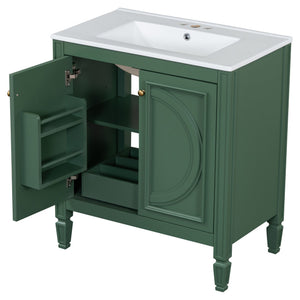 English Elm Christopher Knight Home® - 30" Bathroom Vanity with Sink Vintage Freestanding Ceramic Top Soft-Close Doors Gold Knobs, Storage Green N759P226000F