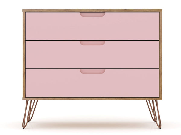 Manhattan Comfort Rockefeller Mid-Century Modern 3- Piece Bedroom Dresser Set Nature and Rose Pink 177GMC6