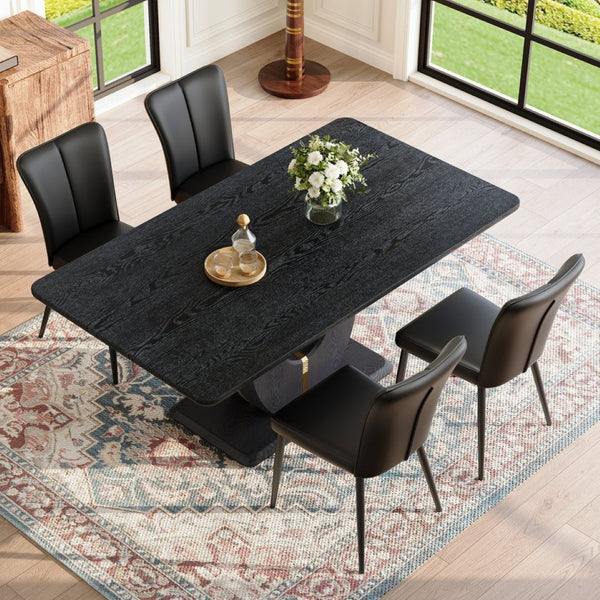 English Elm Black Wood Grain Mdf Dining Table Set Seats 4 with Striped Pu Leather Chairs W1151S04427