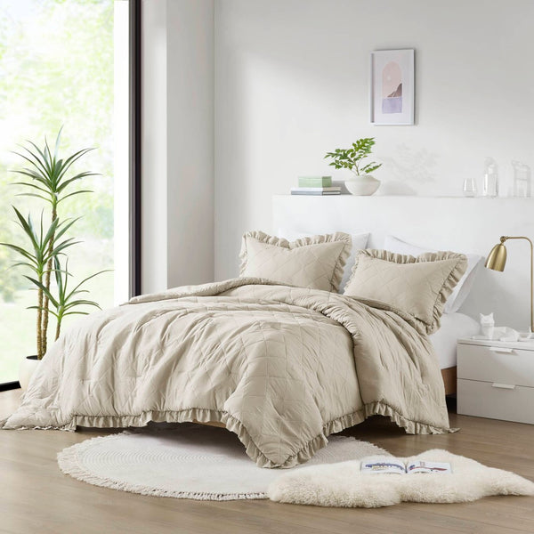 English Elm 3-piece Diamond Quilted King Comforter Set with Ruffled Edges and Prewashed Softness B035P463225