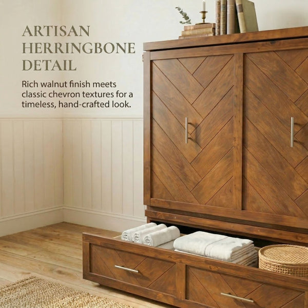 English Elm Queen Murphy Cabinet Bed Pine Wood Geometric Panels Usb Charging Guest Room Storage W504S00303