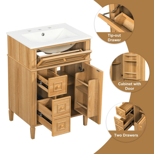 English Elm 24" Solid Pine Bathroom Vanity Cabinet with Ceramic Sink Soft Close Drawers N725P375500N