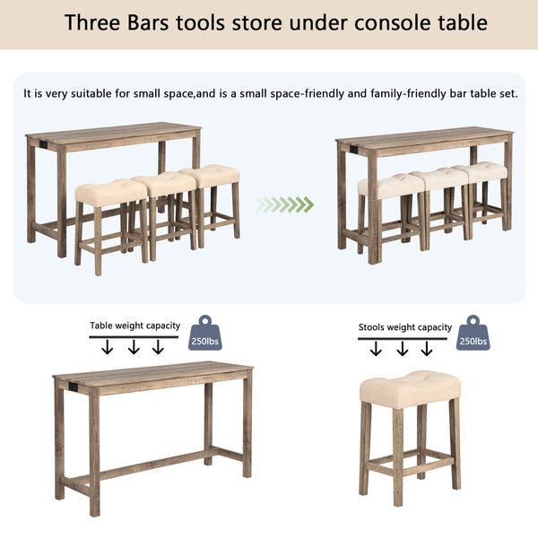 English Elm 4-Piece Bar Table Set With Power Outlet & 3 Padded Stools - Stylish Dining & Work Solution For Small Spaces W1998P193826