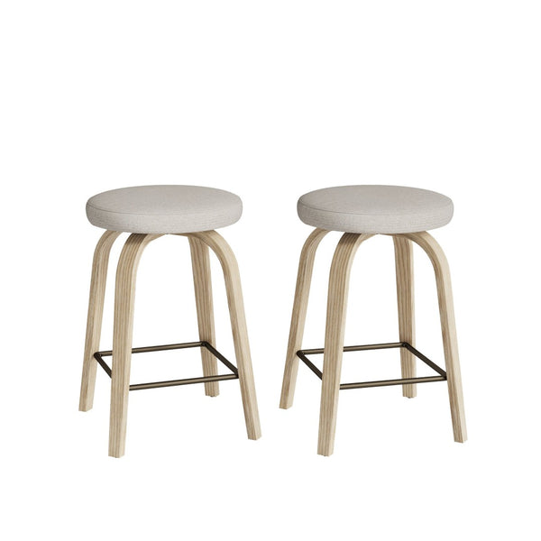 English Elm Swivel Backless Counter Stools Set of 2 with Fabric Seat Bentwood Legs Mid-century Modern Beige W3107P446979