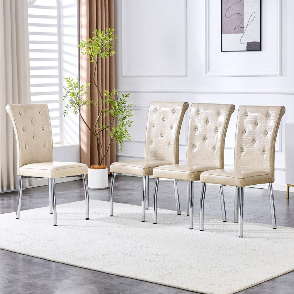 English Elm A Set of 2 Crystal Button Faux Leather Dining Chairs with Embossed Croc Texture Beige,Silver W3226P344041